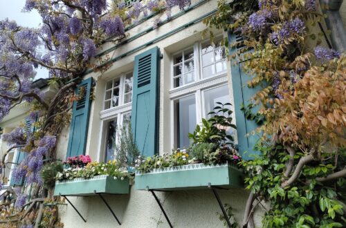 Hausfassade mit Blauregen im Karl-Foertser-Garten